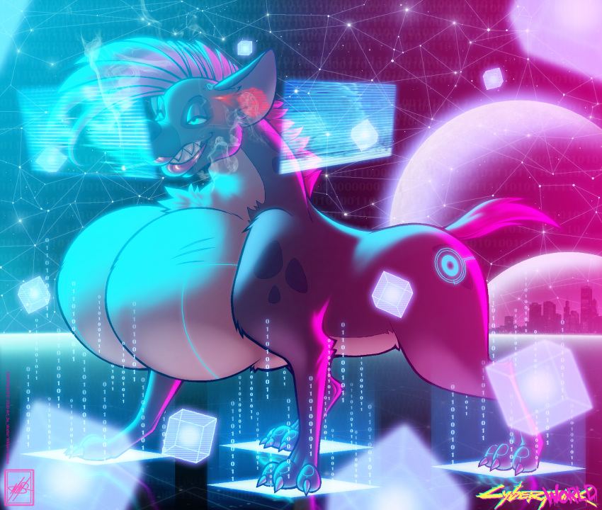 2020 absurd_res big_breasts breasts busty_feral cyberpunk cyberspace digital_media_(artwork) female feral fur hair hi_res hyaenid lips mammal open_mouth paws pink_lips smile solo spotted_hyena thick_lips walter_sache