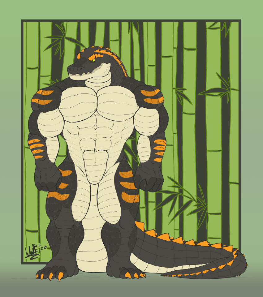 2020 abs absurd_res anthro black_body claws crocodile crocodilian crocodylid detailed_background gradient_background green_background hi_res long_tail looking_aside male markings muscular orange_claws reptile scalie signature simple_background solo standing styx_(wolfarion) thick_tail white_body wolfarion yellow_eyes