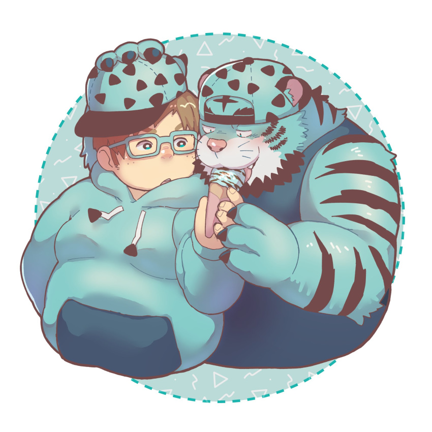 2020 anthro belly blue_body blue_fur blush clothing dessert duo eating eyewear felid food fur glasses hat headgear headwear hi_res hoodie human ice_cream kemono male mammal overweight overweight_male pantherine shirt tiger topwear un0sk