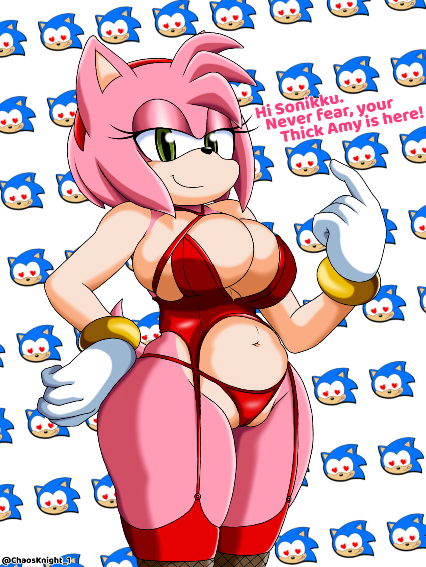 &lt;3 &lt;3_eyes 2020 3:4 amy_rose anthro anthrofied big_breasts bracelet breasts camel_toe clothed clothing english_text eulipotyphlan female fur gloves green_eyes half-closed_eyes hand_on_hip handwear hedgehog hi_res jewelry looking_at_viewer mammal narrowed_eyes pattern_background pink_body pink_fur red_clothing sega simple_background skimpy smile solo sonic_the_hedgehog_(series) standing tan_body tan_skin text the_knight video_games