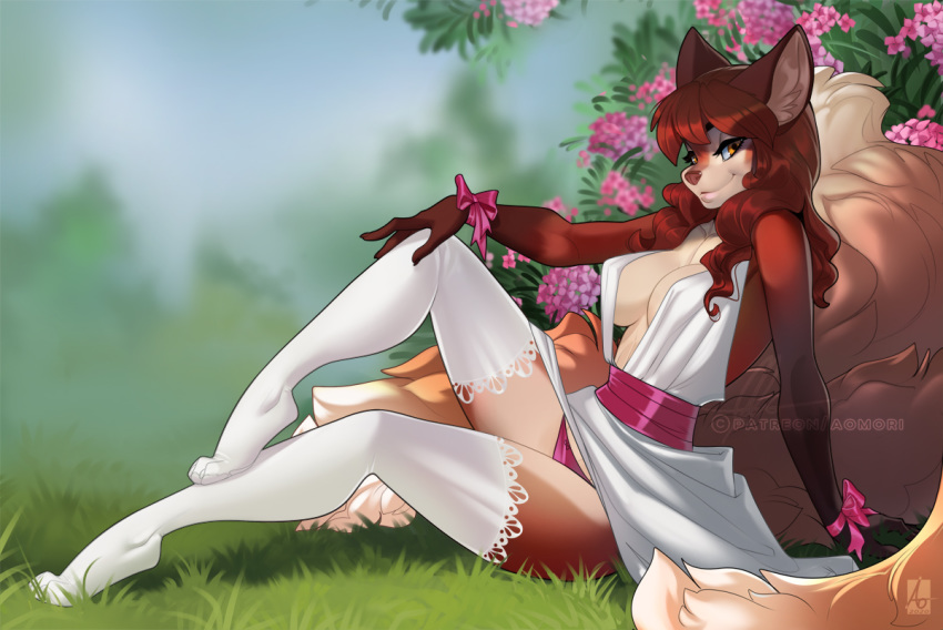 2020 5_fingers anthro aomori breasts brown_hair canid canine canis clothed clothing day detailed_background digital_media_(artwork) domestic_dog eyebrows eyelashes female fingers grass hair mammal outside skimpy sky smile solo