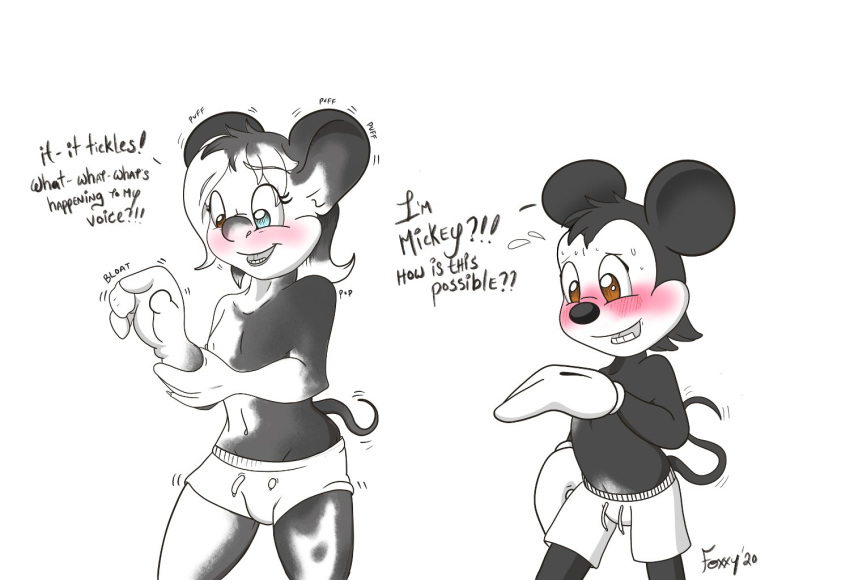 black_body blue_eyes blush bottomwear brown_eyes clothing disney english_text foxx ftm_transformation gender_transformation hair human human_to_anthro mammal mickey_mouse mouse murid murine nipples rodent shorts signature smile species_transformation tail_growth text transformation