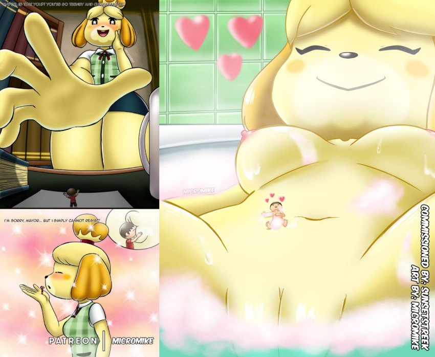 animal_crossing anthro bathtub big_breasts breasts canid canine canis domestic_dog female gentle_giant human isabelle_(animal_crossing) kissing macro male male/female mammal micro micromike nintendo nude shih_tzu soap_bubbles toy_dog video_games villager_(animal_crossing)