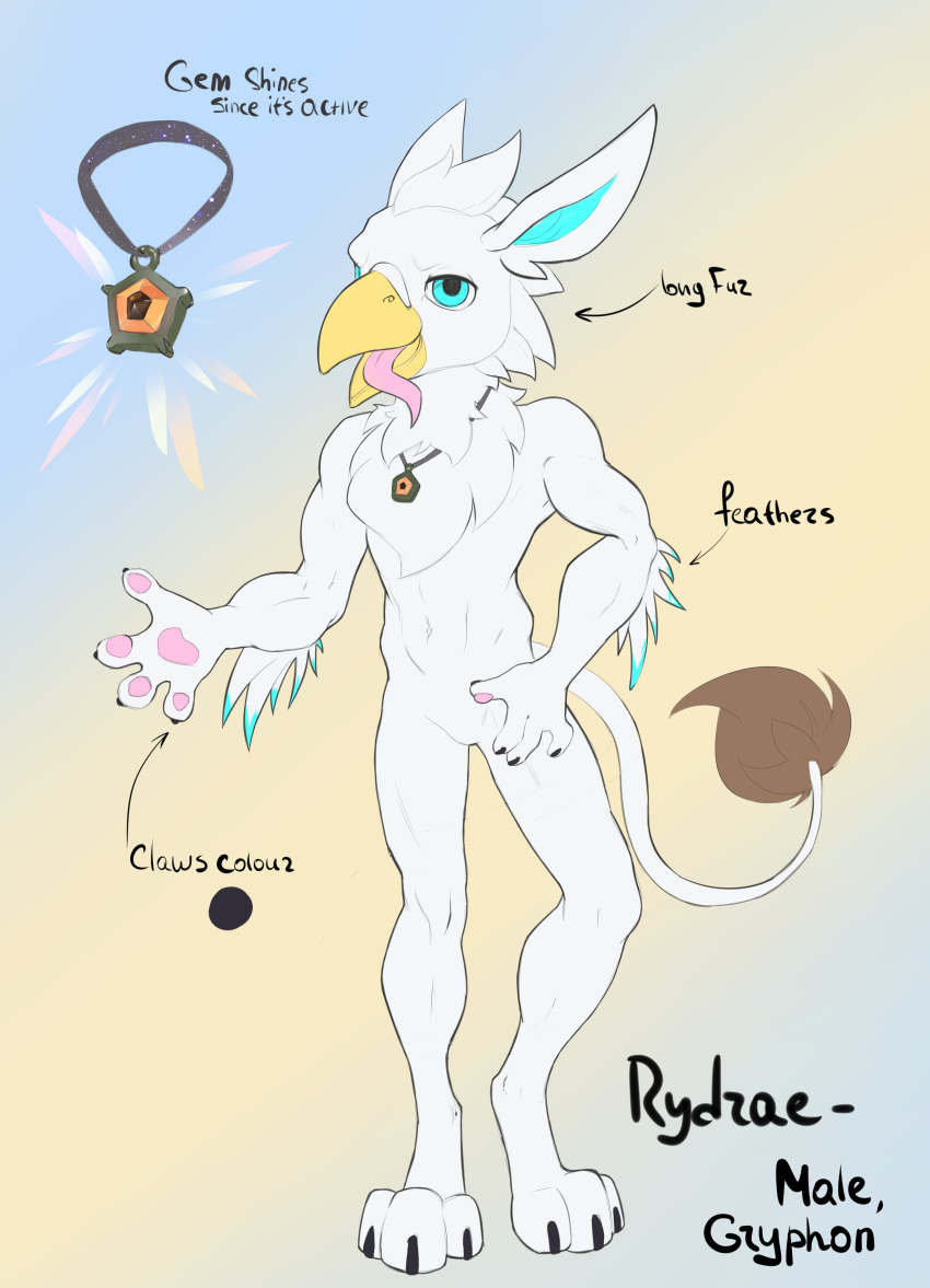 2019 absurd_res anthro avian beak claws feathers four-fingers fur gryphon hi_res jewelry male mythological_avian mythology necklace oneofyouare open_mouth pawpads paws rydrae simple_background solo standing text tongue tuft