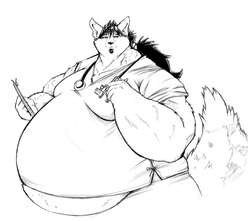 anthro belly big_belly canid canine canis clipboard clothed clothing facial_hair fur goatee greyscale hair holding_clipboard holding_object holding_pen male mammal medical_instrument monochrome moobs morbidly_obese obese obese_male overweight overweight_male ponytail saintdraconis scientific_instrument scrubs simple_background smile solo stethoscope white_background wolf