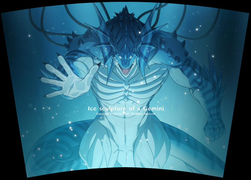 absurd_res arm_spikes back_spikes blue_body blue_scales blue_skin ear_fins facial_spikes fin finger_claws hi_res layer_(artist) male marine muscular reptile scales scalie solo spikes striped_body striped_skin stripes vein white_body white_skin
