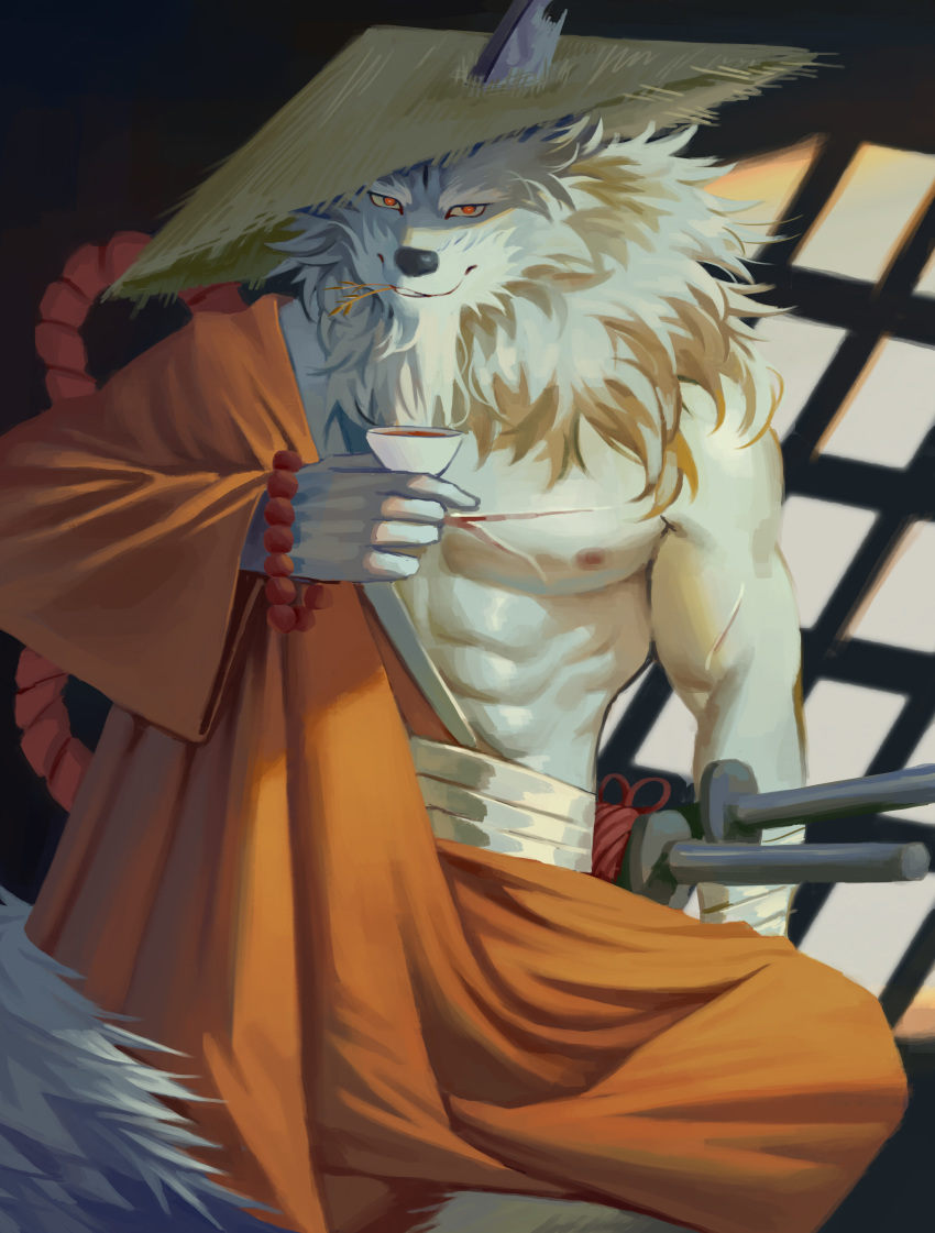 2020 5_fingers abs absurd_res anthro biceps canid canine canis clothed clothing facial_scar fingers fur grey_body grey_fur hat headgear headwear hi_res holding_cup holding_object humanoid_hands katana law_(sdorica_sunset) male mammal melee_weapon muscular muscular_male nipples pecs r-suka scar sdorica sdorica_sunset sitting solo sword weapon wolf