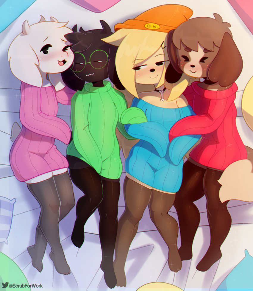 &gt;_&lt; 2020 absurd_res accessory ambiguous_gender animal_crossing anthro asriel_dreemurr beanie bed biped black_body black_clothing black_eyes black_fur black_legwear black_nose blonde_hair blue_clothing blue_sweater blue_topwear blush boss_monster bovid brown_body brown_fur brown_tail canid canine canis caprine clothed clothing collar cuddling dark_fur deltarune digby_(animal_crossing) domestic_dog english_text eyes_closed eyewear floppy_ears freckles fur furniture girly glasses goat green_clothing green_sweater green_topwear grin group hair hair_accessory hairpin half-closed_eyes hat head_tuft headgear headwear hi_res horn legwear light_fur long_hair looking_at_another looking_at_viewer lying male mammal multicolored_body multicolored_fur multicolored_tail narrowed_eyes nervous nintendo no_sclera noseless on_back one_eye_closed open_mouth open_smile orange_clothing orange_hat orange_headwear pale_fur parappa parappa_the_rapper pillow pink_clothing pink_sweater pink_topwear ralsei red_clothing red_sweater red_topwear short_tail signature smile smirk smug somescrub sony_corporation sony_interactive_entertainment sparkles sweater text thigh_highs toes topwear translucent translucent_clothing tuft twitter two_tone_body two_tone_fur two_tone_tail undertale video_games white_body white_eyes white_fur white_tail wide_hips yellow_body yellow_fur