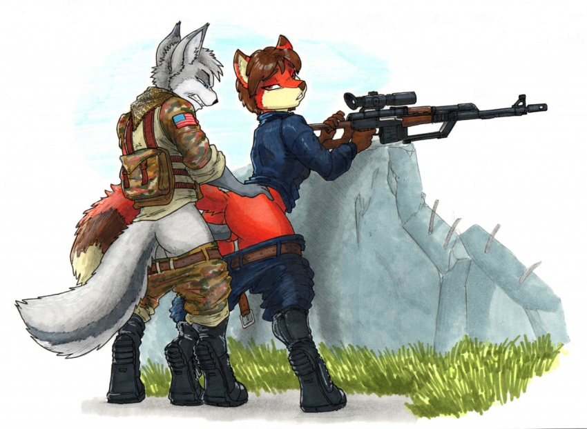 2019 against_wall anthro backpack boots brown_hair camo canid canine canis clothed clothing debris duo ewgengster_(artist) female footwear fox genitals grass gun hair male male/female mammal military pants_down partially_clothed penetration penis ranged_weapon rifle sniper_rifle us_flag vaginal vaginal_penetration weapon wolf