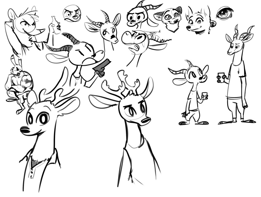 2020 ambiguous_gender antelope anthro antlers barefoot bottle bottomwear bovid canid canine cervid cheek_tuft chico_(fuel) clothed clothing cup disney ear_markings ear_piercing ear_ring facial_markings facial_tuft fox fuel_(artist) fur fur_markings gazelle greyscale hand_behind_head head_markings head_tuft hi_res holding_cup holding_gun holding_handgun holding_object holding_pistol holding_weapon horn jack_savage lagomorph leporid male mammal markings micah_(fuel) monochrome muscular muscular_male neck_tuft nick_wilde nude pants piercing rabbit shirt simple_background sketch_page skye_(zootopia) smile solo standing t-shirt tank_top the_thinker topwear tuft weapon white_background zelda_(fuel) zootopia