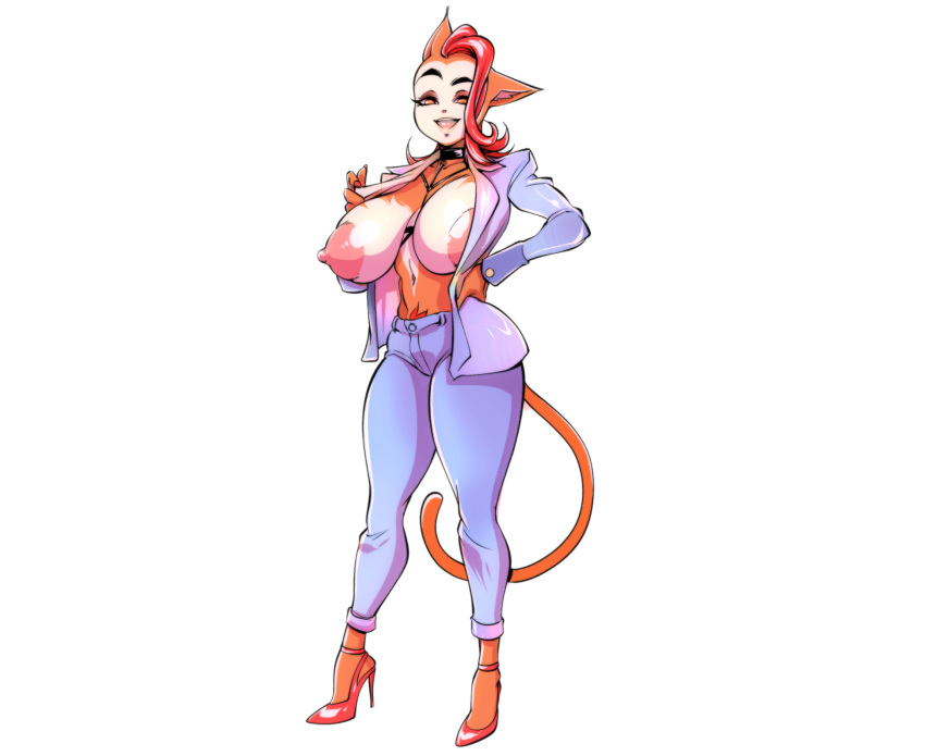 amber_eyes anthro areola big_areola big_breasts bottomwear breasts clothing curvy_figure digital_media_(artwork) domestic_cat felid feline felis female fingers footwear hair hecchidechu hi_res high_heels huge_breasts jacket jeans long_tail looking_at_viewer mammal monique_pussycat nipples open_jacket open_mouth pants pink_hair prehensile_tail pubes shoes smile solo solo_focus standing super_fuck_friends thick_thighs topwear voluptuous wide_hips