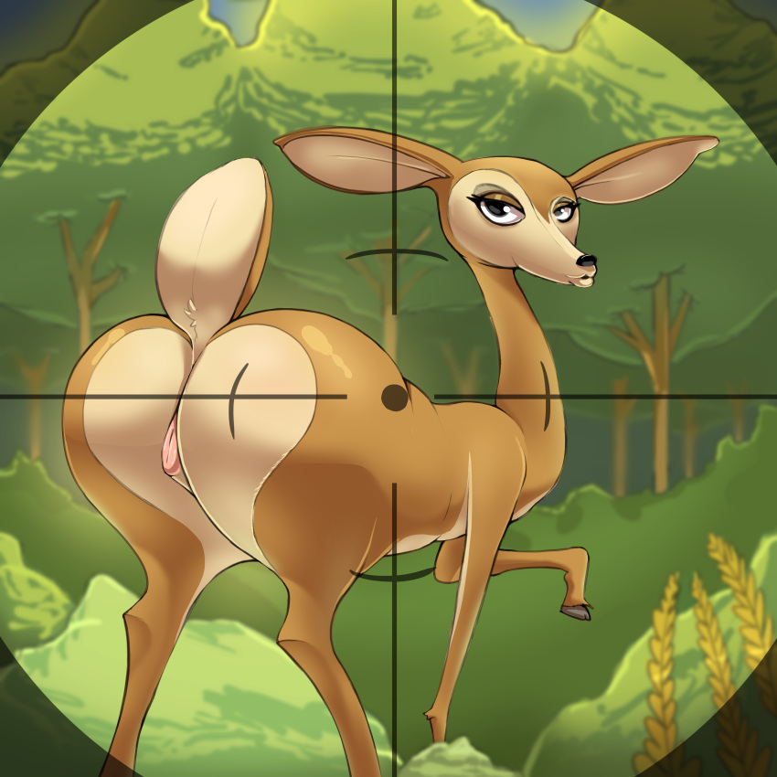 absurd_res antelope big_butt big_ears bovid butt crosshair detailed_background female feral gazelle genitals giselle hi_res huge_butt long_ears looking_back mammal open_season parumpi pussy quadruped raised_tail solo