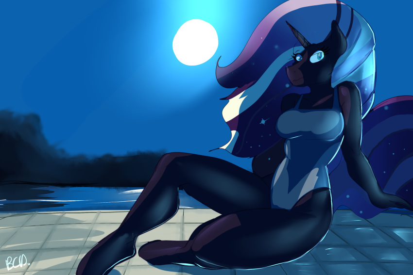 anthro anthrofied black_body black_fur blue_hair bluecoffeedog clothing cosmic_hair equid ethereal_hair female friendship_is_magic full_moon fur hair hi_res hooves horn idw_publishing looking_at_viewer mammal moon my_little_pony my_little_pony_(idw) nightmare_rarity_(idw) one-piece_swimsuit pinup pose pseudo_hair rarity_(mlp) sitting solo swimming_pool swimwear unicorn