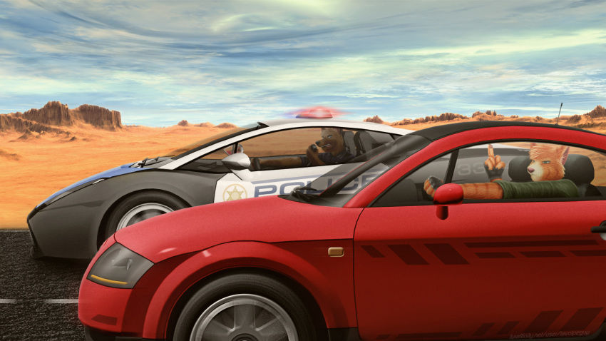 16:9 3d_(artwork) 5_fingers angry anthro asphalt audi black_claws black_nose blue_eyes blue_sky brown_body brown_fur canid canine canis car cheek_tuft claws clothed clothing cloud criminal day desert detailed_background digital_media_(artwork) domestic_cat domestic_dog driving duo ears_up electronic_arts english_text eyebrows facial_markings facial_tuft felid feline felis fingerless_gloves fingers frown fuck_the_police fur fur_markings german_shepherd gesture gloves green_eyes handwear head_markings head_tuft herding_dog hi_res humanoid_hands humanoid_pointy_ears inner_ear_fluff la_volpe lamborghini lamborghini_gallardo male mammal markings middle_finger motion_blur multicolored_body multicolored_fur need_for_speed open_mouth orange_body orange_fur outside pastoral_dog pink_nose police police_car police_officer police_uniform race radio road sand shaded shadow shirt sky snout striped_body striped_fur stripes tan_body tan_fur teeth text tongue topwear tuft two_tone_body two_tone_fur uniform vehicle video_games widescreen