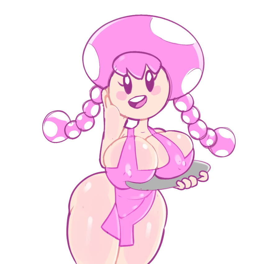 apron apron_only big_breasts big_butt blush blush_stickers breasts butt cleavage clothed clothing female hair hand_on_face hi_res humanoid looking_at_viewer mammal mario_bros mostly_nude nintendo nipples not_furry open_mouth pink_hair plate platter simple_background smile solo standing sweetdandy teeth thick_thighs toad_(mario) toadette tongue video_games white_background wide_hips