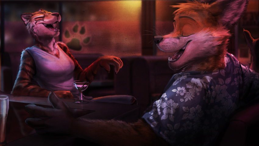 2019 anthro beverage canid canine clothed clothing digital_media_(artwork) drinking_glass duo felid female fox fur laugh male mammal open_mouth pantherine red_fox restaurant teeth temiree tiger