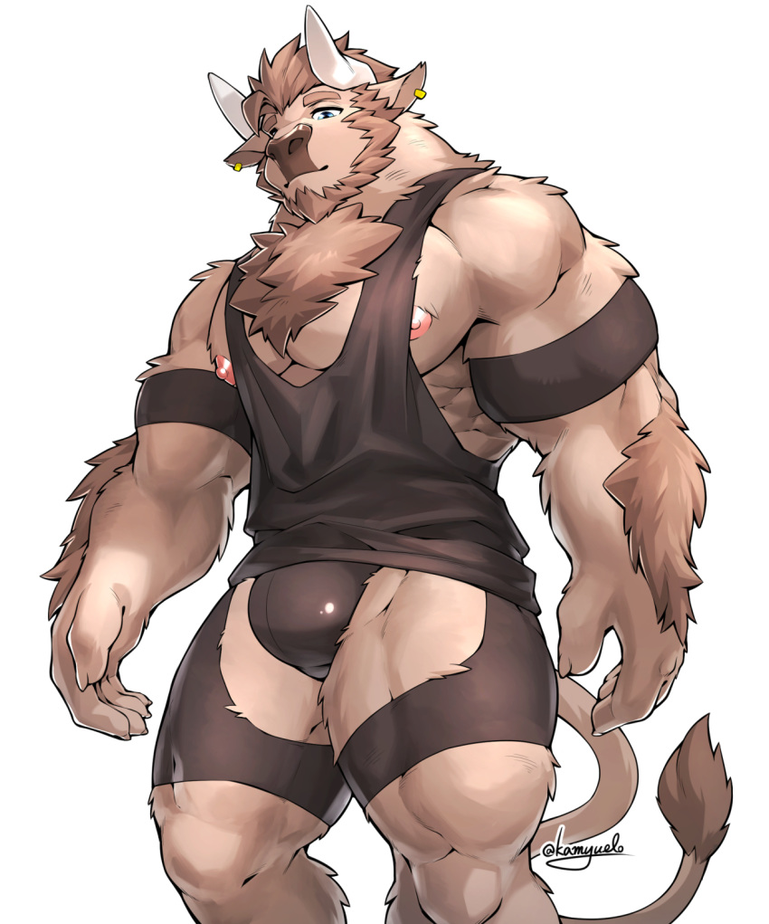 2020 5_fingers anthro arm_hair armband beard big_muscles blue_eyes body_hair bovid bovine brown_body brown_fur brown_hair brown_nose bulge cattle chest_hair clothing crotchless_clothing ear_piercing ear_ring facial_hair fingers fur hair hi_res horn kamyuelo male mammal muscular muscular_male nipples pecs piercing pink_nipples shirt simple_background solo standing tank_top topwear underwear white_background white_horn