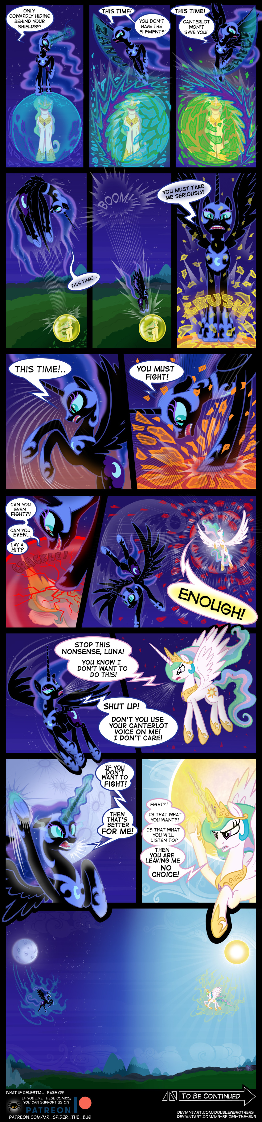 absurd_res comic day dialogue doublewbrothers duo equid female feral fight friendship_is_magic hi_res horn long_image magic mammal moon my_little_pony night nightmare_moon_(mlp) princess_celestia_(mlp) sun tall_image winged_unicorn wings