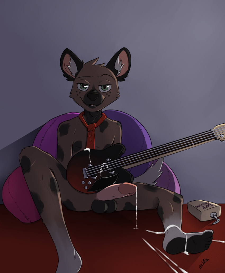 absurd_res aggressive_retsuko anthro balls bodily_fluids brown_body brown_fur cum cum_on_self cushion fur genital_fluids genitals guitar haida hi_res humanoid_genitalia humanoid_penis hyaenid lotion lube male mammal musical_instrument necktie penis pillow plucked_string_instrument sanrio silas_blackwing solo spots spotted_hyena string_instrument white_tail