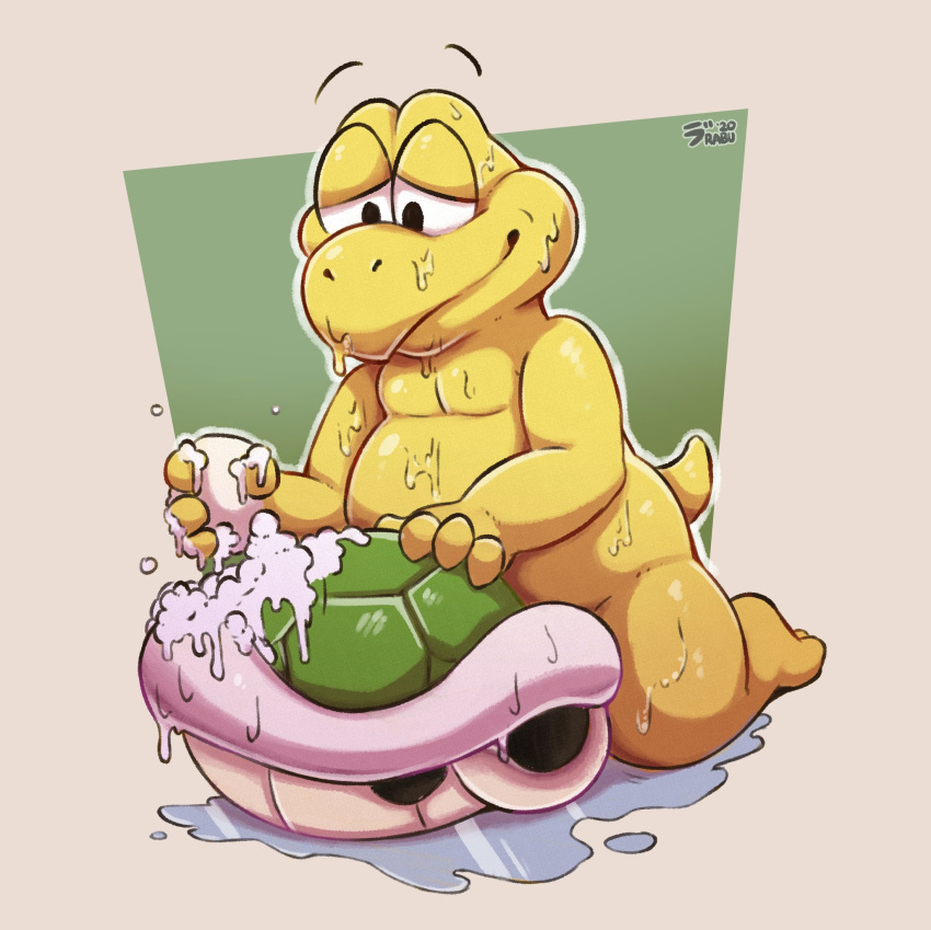 2020 anthro bathing belly big_belly half-closed_eyes hi_res holding_object kneeling koopa koopa_troopa male mario_bros narrowed_eyes nintendo nude overweight overweight_male raburigaron reptile scalie shell shell-less signature soap solo suds turtle video_games water wet