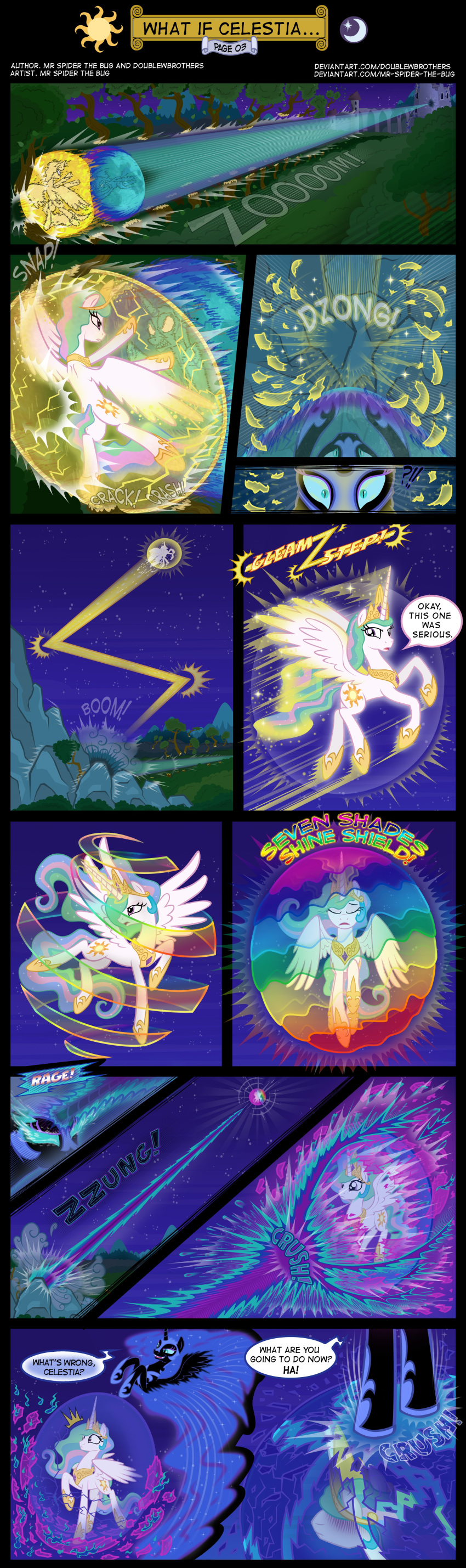 absurd_res comic dialogue doublewbrothers duo equid female feral fight friendship_is_magic hi_res horn magic mammal moon my_little_pony night nightmare_moon_(mlp) princess_celestia_(mlp) sun winged_unicorn wings