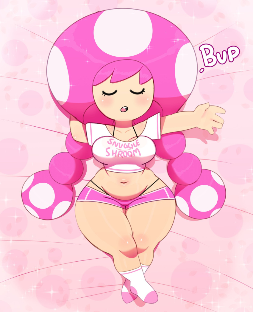 blush breasts clothed clothing dakimakura_design dialogue english_text eyes_closed female hair hands_behind_head hi_res humanoid legwear lying mammal mario_bros nintendo not_furry open_mouth pink_background pink_hair simple_background socks solo somescrub sparkles teeth text thick_thighs toad_(mario) toadette video_games wide_hips