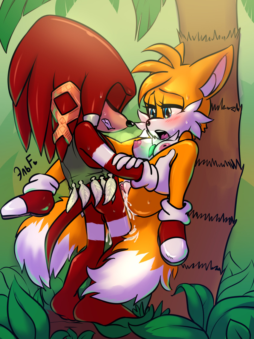 &lt;3 2020 2_tails against_tree anthro anthro_on_anthro anthro_penetrated anthro_penetrating anthro_penetrating_anthro areola arm_grab big_breasts black_nose blue_eyes blush bodily_fluids bottomless breasts canid canine clenched_teeth clothed clothed_sex clothing crossgender cum cum_in_pussy cum_inside cum_on_fur cum_on_penis cum_on_tail cumshot dipstick_tail duo echidna ejaculation eyes_closed feathers female female_penetrated footwear fox fur genital_fluids genitals gloves green_clothing green_topwear half-closed_eyes handwear hi_res jewelry knuckles_the_echidna krazyelf leg_grab male male/female male_penetrating male_penetrating_female mammal markings miles_prower monotreme mostly_nude multi_tail multicolored_tail narrowed_eyes necklace nipples open_mouth orgasm penetration penis pink_nipples pussy red_body red_clothing red_footwear red_fur sex shirt sonic_the_hedgehog_(series) stand_and_carry_position standing standing_sex sweat tank_top teeth thigh_grab topwear tree vaginal vaginal_penetration white_body white_clothing white_feathers white_footwear white_fur white_markings yellow_body yellow_fur