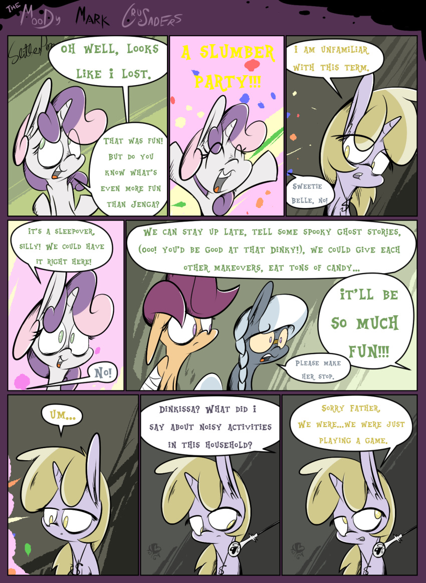 2015 abstract_background apple_bloom_(mlp) bandage blonde_mane border colored comic dialogue digital_media_(artwork) ears_back english_text equid equine female feral friendship_is_magic fur green_eyes grey_body grey_fur grey_mane group hi_res horse lenses long_ears looking_at_another looking_up mammal mane multicolored_mane my_little_pony open_mouth orange_body orange_fur pegasus_pony pendant pink_mane pivoted_ears pony purple_eyes purple_mane scootaloo_(mlp) signature silver_spoon_(mlp) slitherpon speech_bubble sweetie_belle_(mlp) symbol text toony two_tone_mane two_tone_tail unicorn_pony white_body white_fur white_mane yellow_eyes