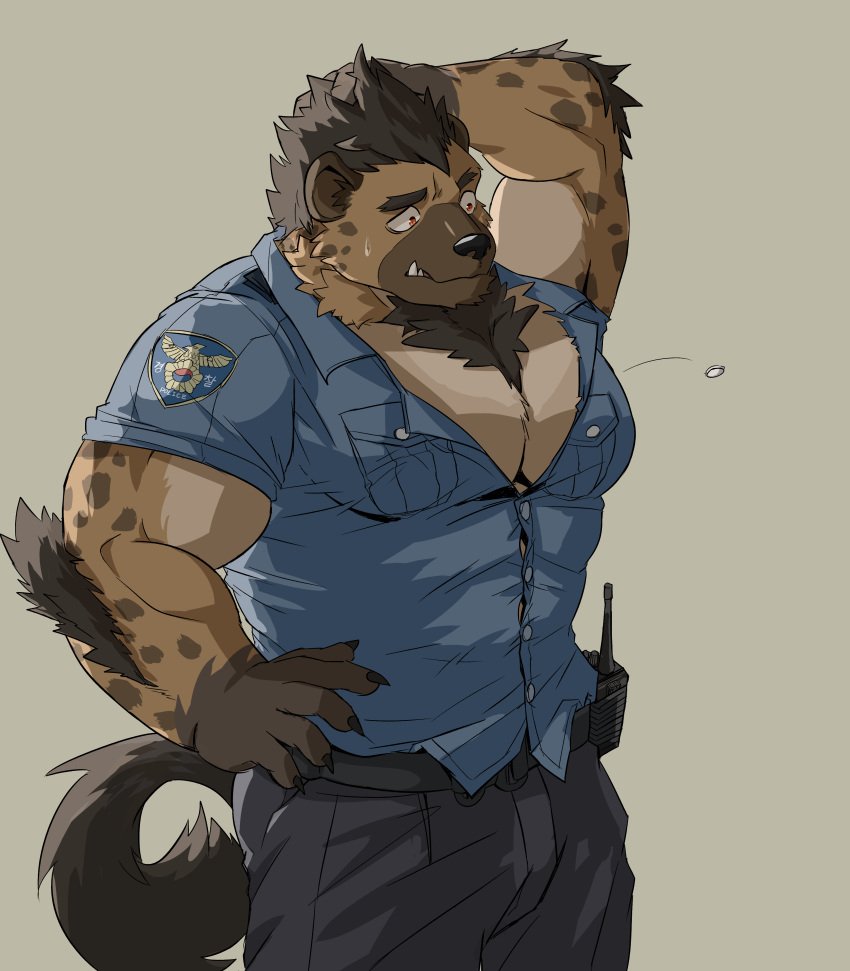 2019 5_fingers absurd_res anthro biceps big_muscles black_nose bottomwear button_pop clothed clothing finger_claws fingers fur fur_tuft hand_on_head hi_res huge_muscles hyaenid hyper hyper_muscles male mammal muscular police simple_background solo spots spotted_body spotted_fur spotted_hyena teeth topwear tuft warr