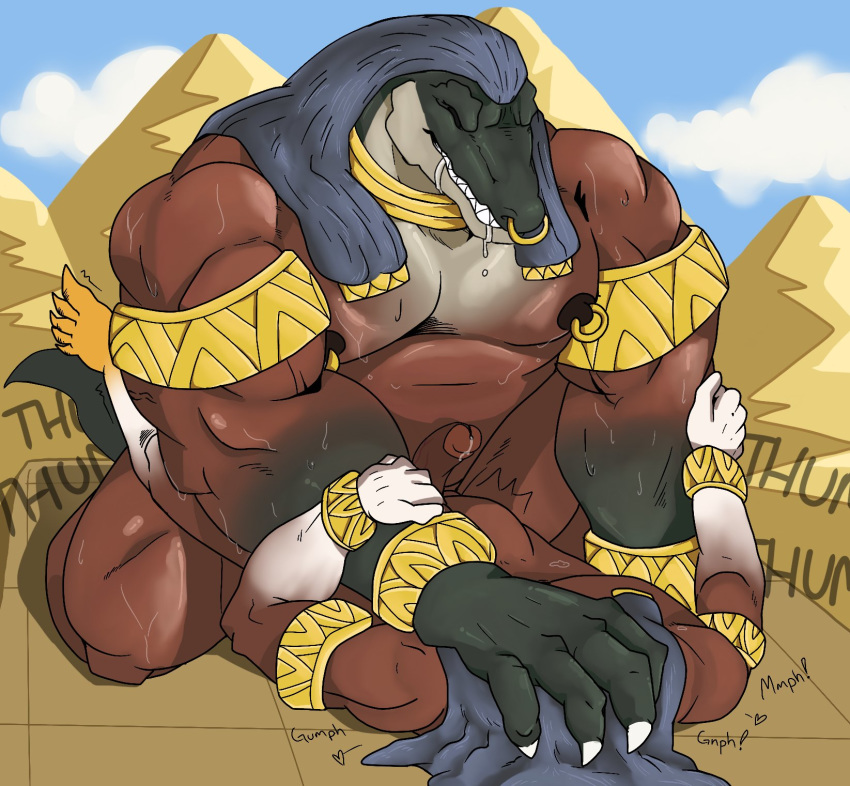 anthro bodily_fluids deity drooling duo egyptian_mythology genitals hi_res horus male male/male middle_eastern_mythology midnightsultry muscular muscular_male mythology nipple_piercing nipples penis piercing saliva sex sobek tagme