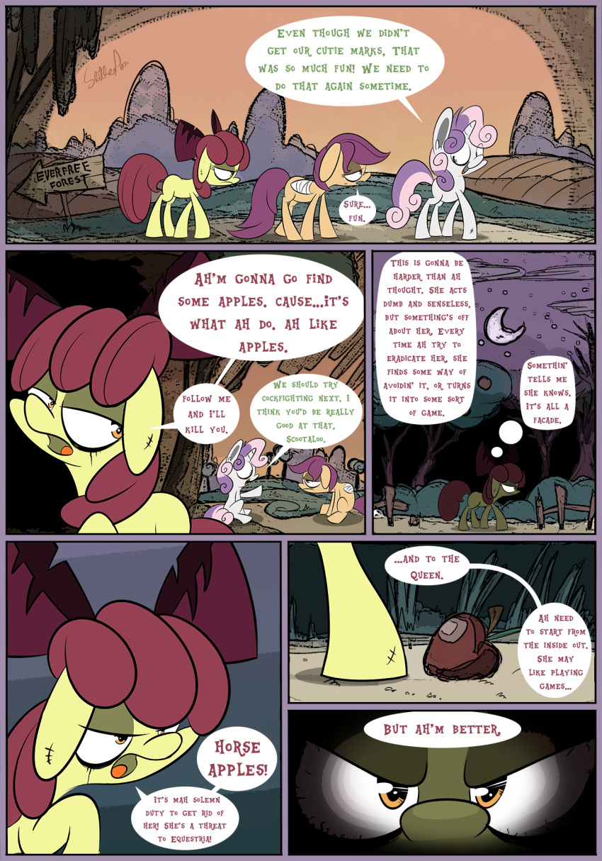 2014 apple_(fruit) apple_bloom_(mlp) bandage border colored comic day_night_shift detailed_background dialogue digital_media_(artwork) ears_back english_text equid equine eyes_closed female fence feral friendship_is_magic fur green_eyes group half-closed_eyes hi_res horse looking_at_another mammal mane multicolored_mane my_little_pony narrowed_eyes orange_body orange_fur outside pegasus_pony pivoted_ears plotting pony purple_eyes purple_mane red_bow red_mane scootaloo_(mlp) side_view signature signpost slitherpon speech_bubble sweetie_belle_(mlp) text thought_bubble three-quarter_view toony trotting two_tone_mane two_tone_tail unicorn_pony white_body white_fur yellow_body yellow_eyes yellow_fur