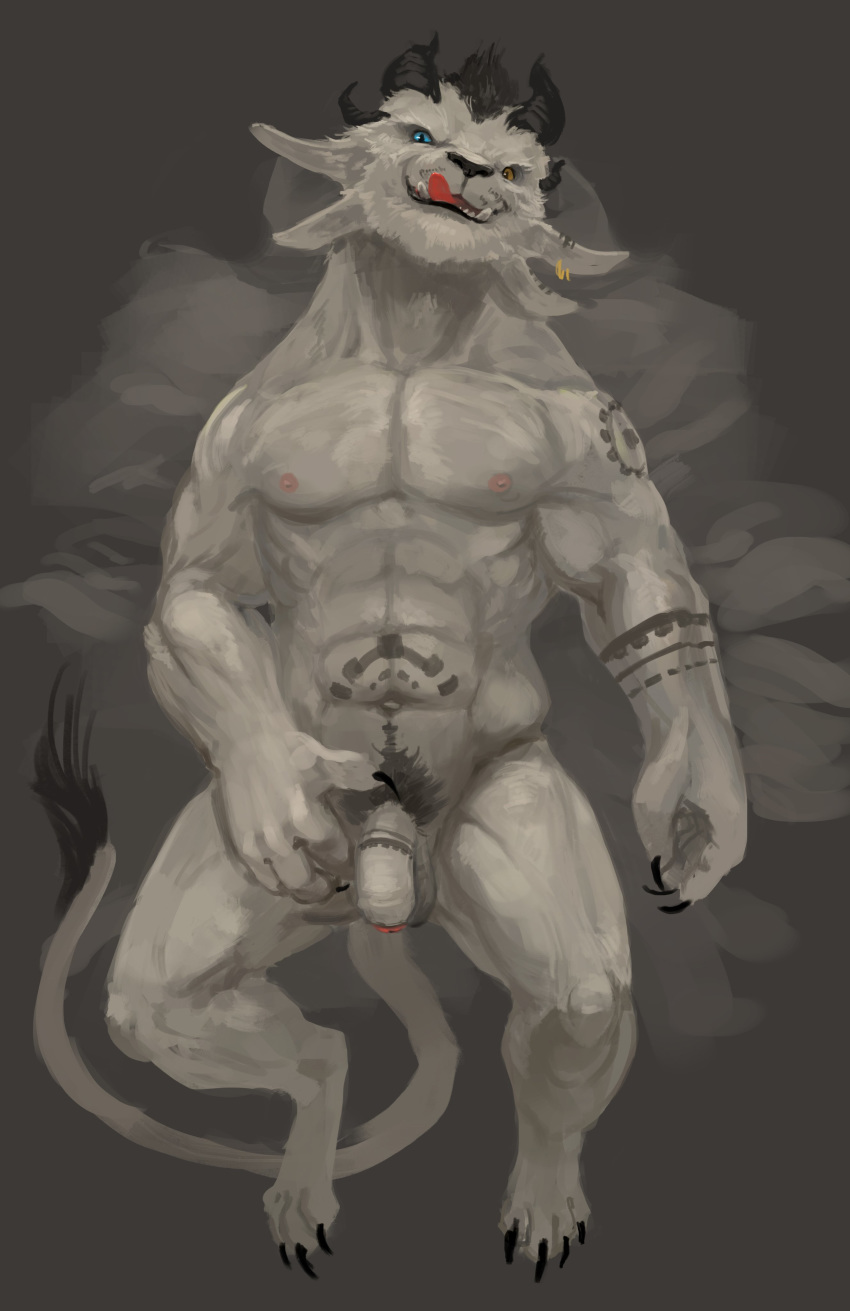 2016 abs absurd_res anthro athletic athletic_male balls blue_eyes charr claws digital_media_(artwork) ear_piercing fangs felid flaccid genitals guild_wars heterochromia hi_res horn humanoid_genitalia humanoid_penis looking_at_viewer male mammal neungsonie nipples nude penis piercing simple_background smile solo tattoo tattoo_on_penis tongue tongue_out video_games white_body yellow_eyes