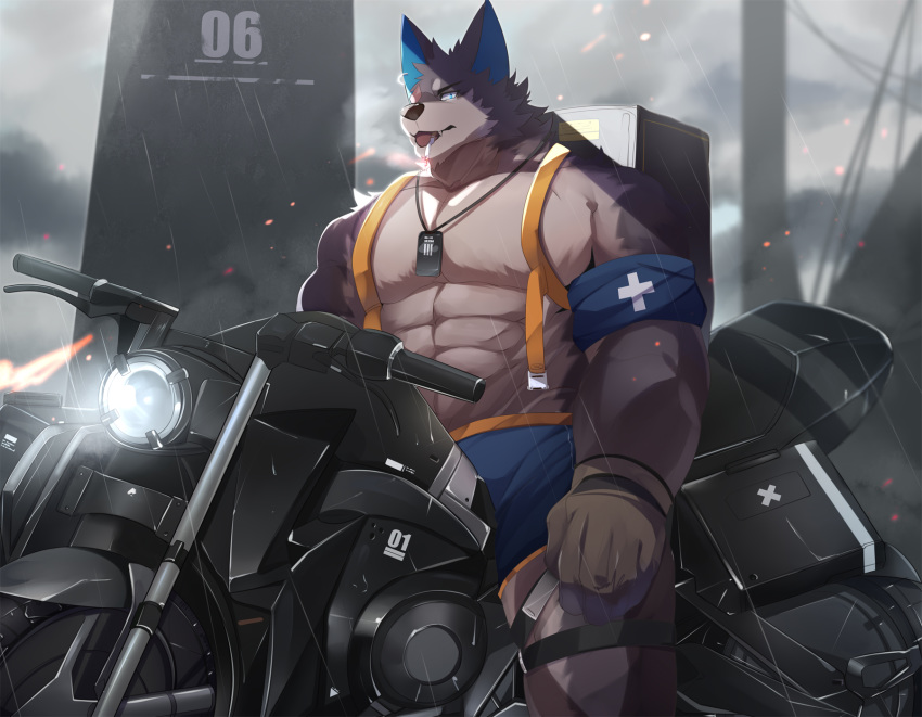 abs anthro armband backpack black_nose blue_eyes bottomwear canid canine canis cigarette clothed clothing cloud cloudy cute_fangs detailed_background dog_tags driving ear_piercing ear_ring fur gloves glowing glowing_eyes grey_body grey_fur handwear head_tuft hi_res kemono looking_at_viewer male mammal motorcycle mouth_hold multicolored_body multicolored_fur muscular muscular_male neck_tuft nekojita object_in_mouth open_mouth outside pecs piercing raining shorts sky smoking solo standing text tongue topless translation_request tuft two_tone_body two_tone_fur vehicle white_body white_fur wolf