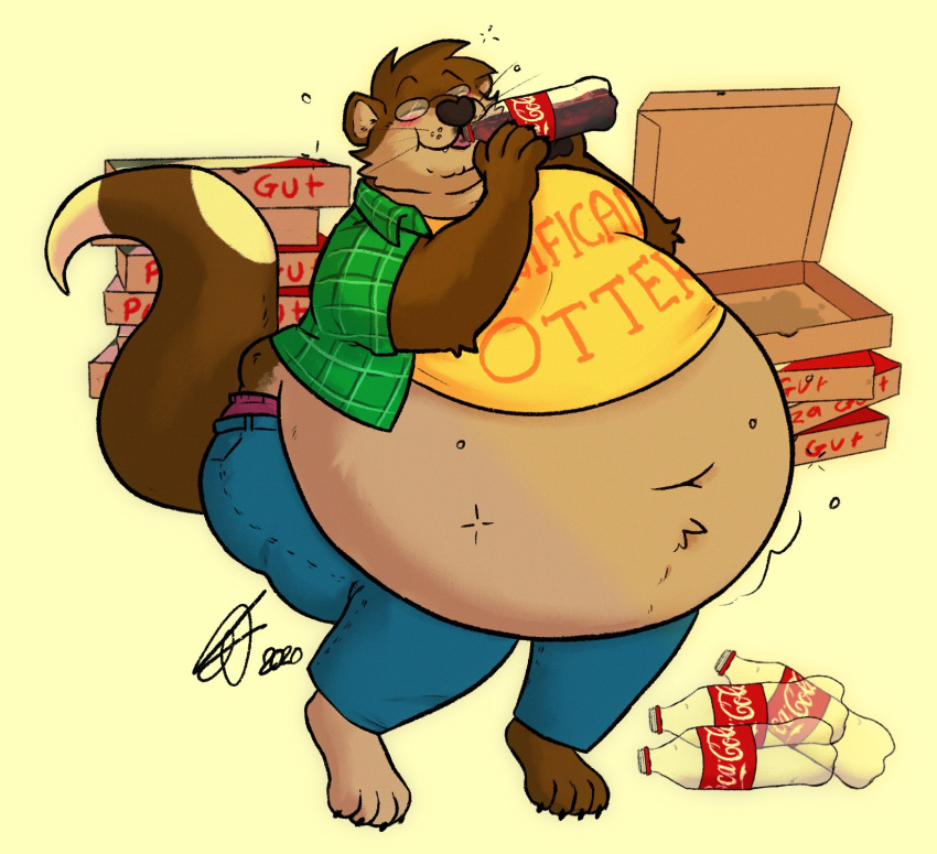 anthro belly belly_expansion belly_overhang beverage big_belly blush brown_body brown_fur claws clothed clothing coca-cola drinking eyes_closed eyewear fur glasses hi_res holding_beverage holding_object inflation lutrine male mammal midriff moobs mustelid navel obese obese_male overweight overweight_male raccoonkind sitting smile solo toe_claws weight_gain