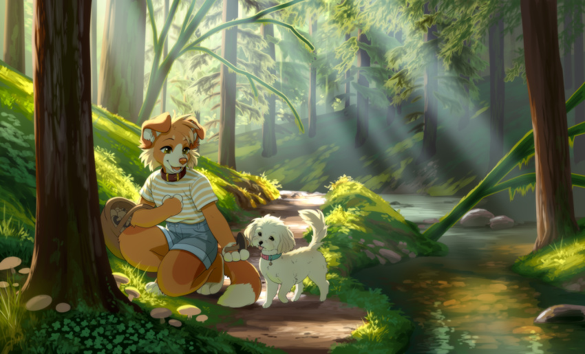 2020 akitamonster ambiguous_gender anthro brown_body brown_fur canid canine canis clothed clothing collar day detailed_background digital_media_(artwork) domestic_dog female feral forest fur grass mammal outside sky tree
