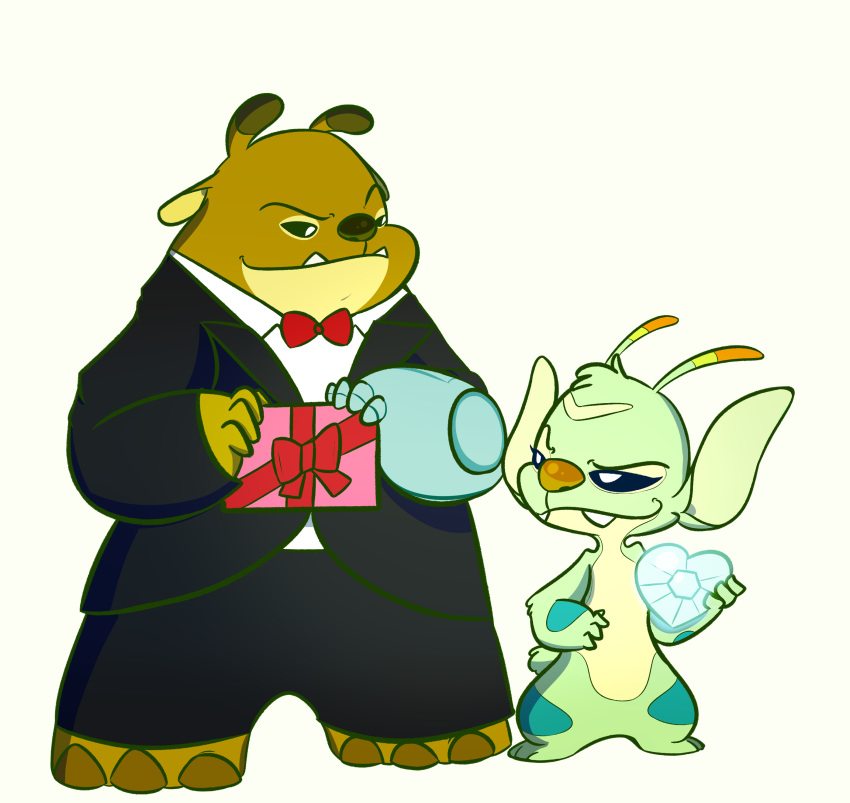 2020 3_toes 4_fingers absurd_res alien antennae_(anatomy) arm_markings black_tie_(suit) blue_eyes bonnie_(lilo_and_stitch) brown_nose clothed clothing clyde_(lilo_and_stitch) cybernetic_arm dipstick_antennae disney duo experiment_(lilo_and_stitch) eyebrows facial_markings fangs featureless_crotch fingers forehead_markings fur gift green_body green_fur head_markings head_tuft hi_res holidays leg_markings lilo_and_stitch looking_at_another markings multicolored_antennae nude raised_eyebrow simple_background size_difference smile smirk standing starryblast9 suit tan_body toes tuft valentine's_day white_background white_pupils