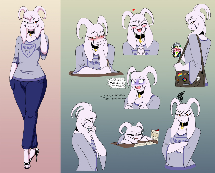 angry asriel_dreemurr_(god_form) bag beverage blush bodily_fluids book boss_monster bottomwear bovid caprine chaos_buster clothed clothing collar college cross-popping_vein crossdressing crovirus crying delta_rune_(emblem) desk embarrassed energy_drink expression_sheet eyelashes facial_markings fangs footwear furniture gaster_blaster girly happy head_markings heart_necklace hi_res high_heels horn jeans jewelry lgbt_pride long_ears male mammal markings mt_ebott pansexual_pride_colors pants pencil_(object) pride_colors red_eyes sad school shoes smile symbol tears tired undertale vein video_games wide_hips
