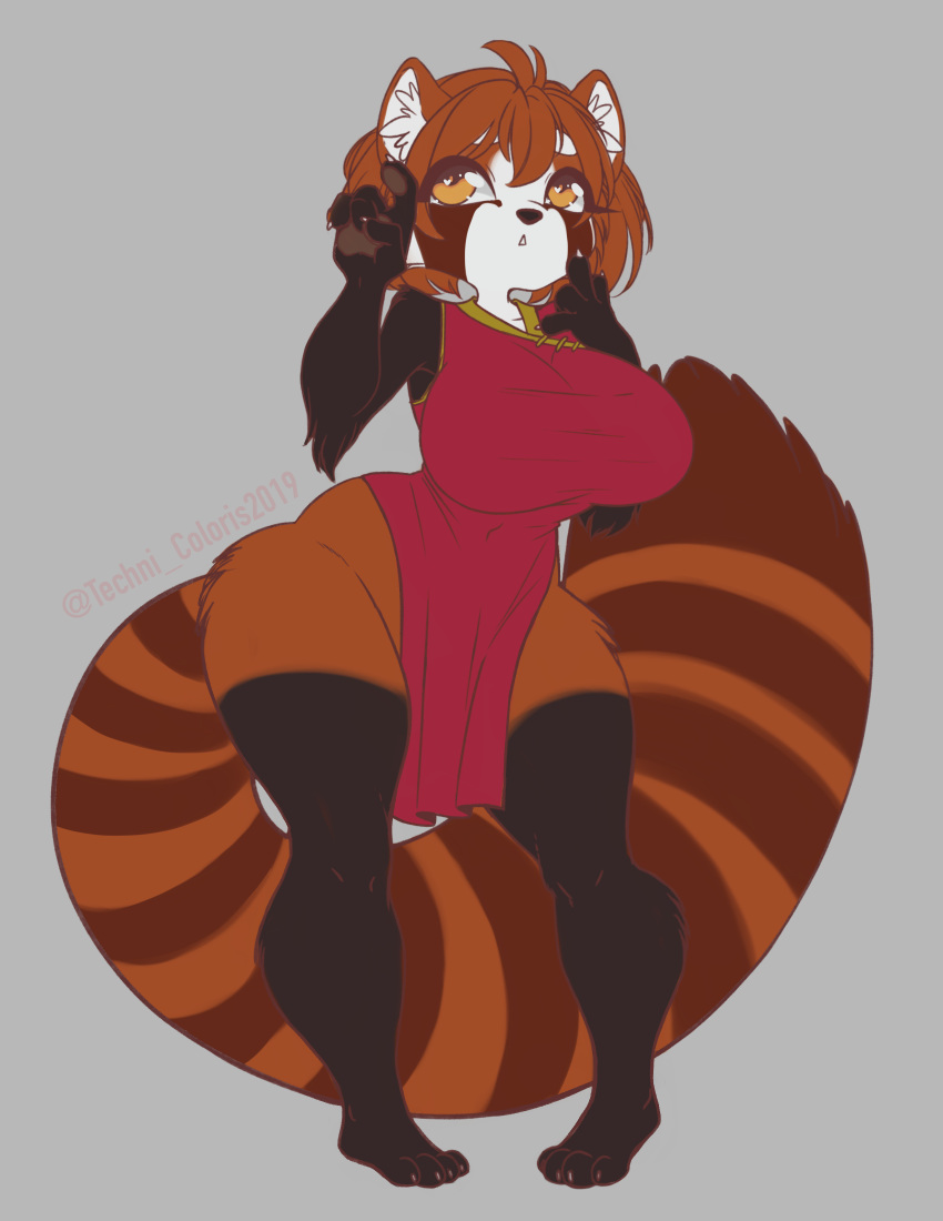 2019 absurd_res ailurid anthro asian_clothing barefoot big_breasts black_body black_fur black_nose breasts brown_body brown_fur clothing female fur hair hi_res inner_ear_fluff lihua_(technicoloris) looking_up mammal navel open_mouth pawpads pigeon_toed red_panda simple_background solo technicoloris tuft wide_hips