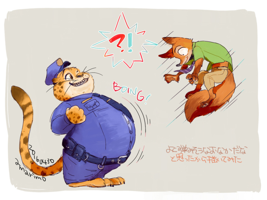 2016 ?! amarimo anthro benjamin_clawhauser border bottomwear brown_body brown_fur canid canine cheetah clothed clothing disney duo felid feline fox fully_clothed fur grey_background hat headgear headwear japanese_text mammal midair necktie nick_wilde overweight pants red_fox shirt simple_background text topwear white_border zootopia