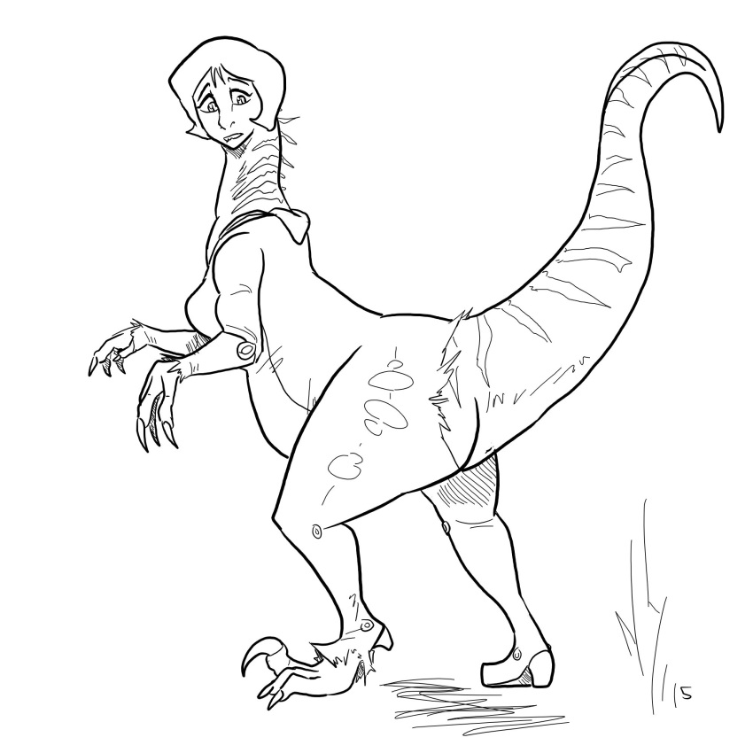 2015 alex_(totally_spies) alternate_species breasts clothing dinosaur dragon-storm dromaeosaurid female hair hi_res human_to_feral looking_down monochrome reptile scalie simple_background solo species_transformation surprise theropod torn_clothing totally_spies transformation white_background