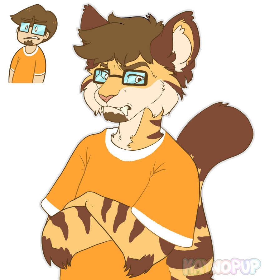 absurd_res alternate_species annoyed anthro brown_hair clothing eyewear fangs felid glasses hair hi_res human kayno looking_aside machairodontine male mammal saberspark saberspark_(character) shirt simple_background solo stripes topwear white_background