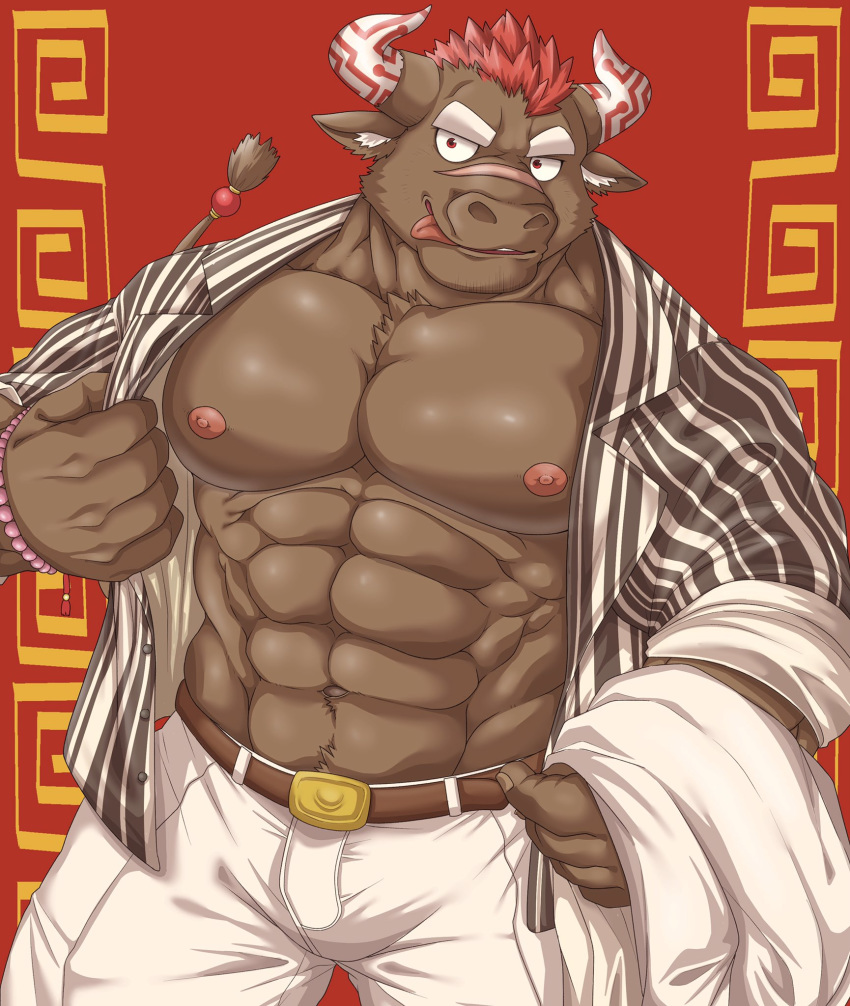 abs anthro belt big_muscles black_body black_fur bovid bovine clothed clothing eyebrows fur gyumao hair hi_res horn m0000rgn male mammal muscular muscular_male nipples open_shirt pecs pink_nipples pink_tongue red_eyes red_hair scar shirt solo suit thick_eyebrows tokyo_afterschool_summoners tongue tongue_out topwear undressing video_games