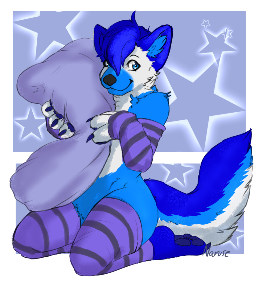 anthro big_feet canid canine clothing cuddling feet fluffy fox happy hi_res legwear male mammal narusewolf pawpads paws pillow pillow_hug shy socks solo