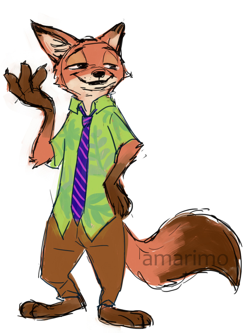 2016 alternate_version_at_source amarimo barefoot bottomwear brown_body brown_fur canid canine clothed clothing disney fox fully_clothed fur gloves_(marking) hi_res inner_ear_fluff mammal markings necktie nick_wilde pants red_fox shirt simple_background smile standing topwear tuft white_background zootopia