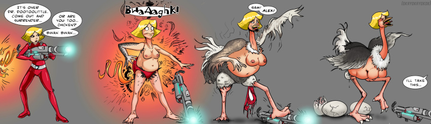 2014 absurd_res avian beak bird blonde_hair breasts clothing clover_(totally_spies) dialogue egg female grey_background hair hi_res human mammal nipples okayokayokok ostrich oviposition ranged_weapon ratite sequence simple_background solo surprise torn_clothing totally_spies transformation unseen_character weapon what