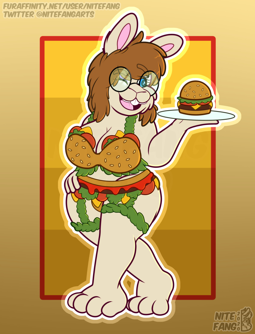 anthro big_breasts breasts brown_hair clothed clothing eyeshadow eyewear female food fur glasses hair hi_res lagomorph leporid makeup mammal nichole_(nitefang) nitefang one_eye_closed rabbit slightly_chubby solo thick_thighs white_body white_fur wide_hips wink