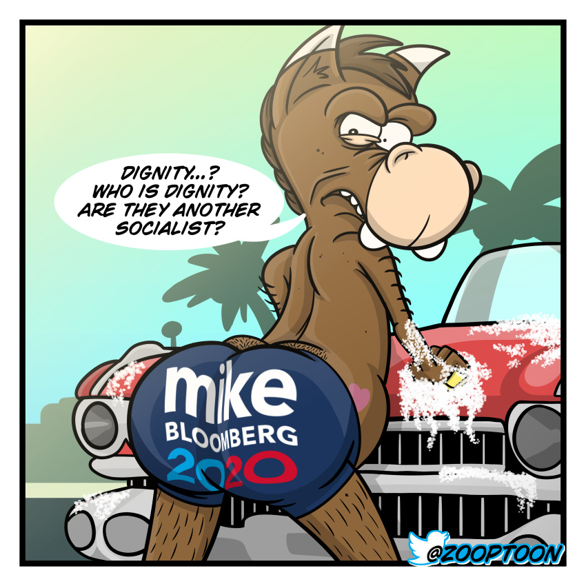 absurd_res anthro asinus big_butt bottomwear brown_body brown_hair butt butt_focus car car_wash clothed clothing day disgust donkey english_text equid equine hair hairy heart_marking hi_res inner_ear_fluff looking_back male mammal multicolored_ears outside political_cartoon politics rear_view shorts soap solo speech_bubble text tight_bottomwear tight_clothing tight_shorts toony topless tuft two_tone_ears vehicle what zooptoon