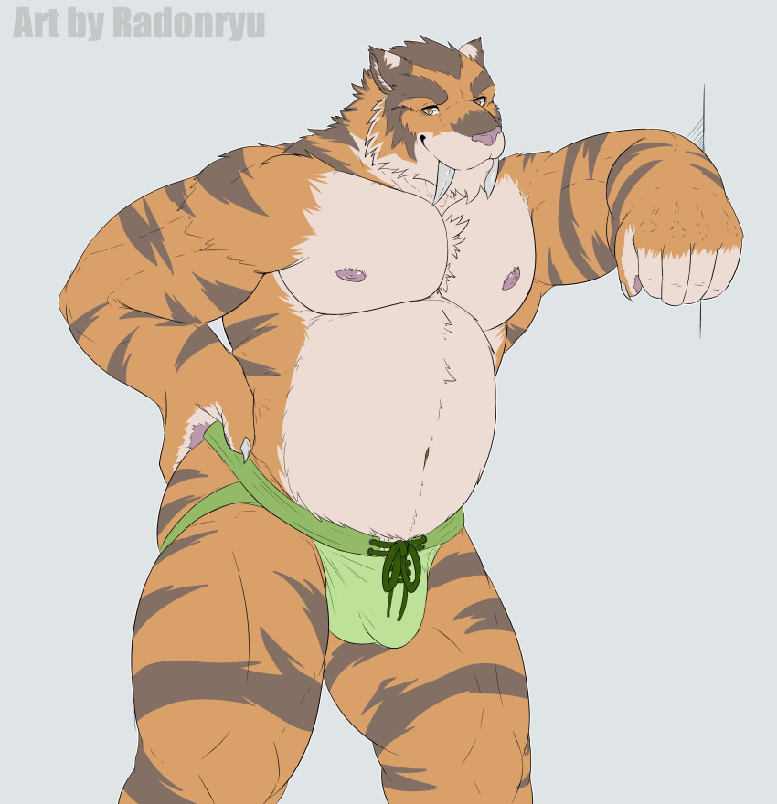 absurd_res anthro arm_support belly black_stripes bulge cheek_tuft clothed clothing facial_tuft fangs felid fur hi_res jockstrap leaning looking_at_viewer machairodontine male mammal multicolored_body multicolored_fur musclegut muscular muscular_male nipples orange_body orange_fur pecs quads radonryu rama_(snowwolf03) sabertooth_(anatomy) smile solo standing stripes topless tuft underwear underwear_only white_body white_fur