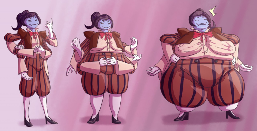 5_eyes 6_arms anthro arachnid arthropod belly big_belly big_breasts bottomwear bow_tie breasts clothed clothing cro-iba fangs female footwear gloves hair hand_on_hip handwear huge_breasts huge_thighs legwear muffet multi_arm multi_eye multi_limb nipple_outline non-mammal_breasts obese obese_female overweight overweight_female pants ponytail sagging_breasts sequence shirt shoes smile socks solo spider thick_thighs tight_clothing topwear undertale video_games weight_gain
