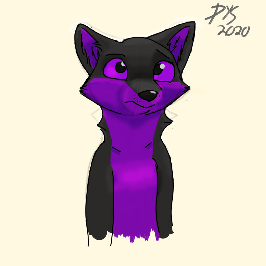 1:1 anthro black_body black_fur bust_portrait canid canine dys dys_(character) fox fur hi_res male mammal multicolored_body multicolored_fur portrait purple_body purple_fur signature solo two_tone_body two_tone_fur